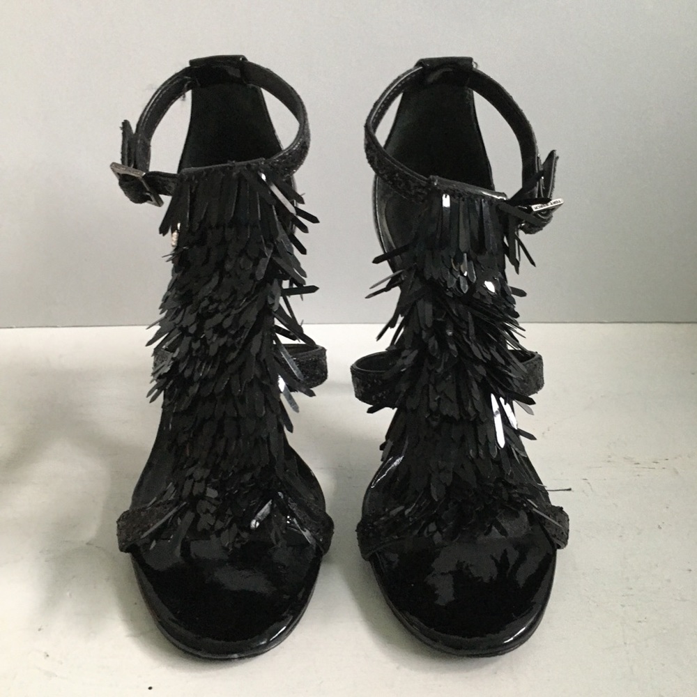 Tory Burch Black Evelyn Sequin Fringe Heels